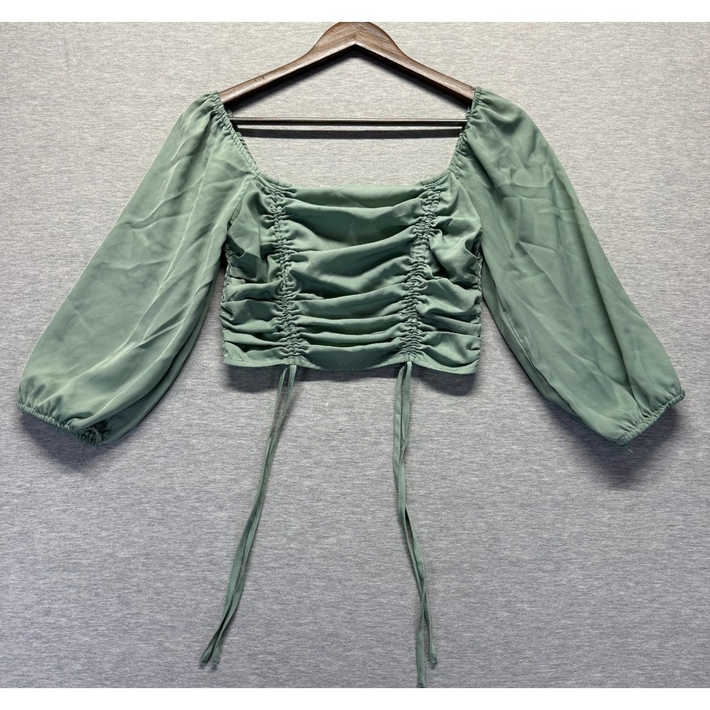 Forever 21 Cropped Milkmaid Ruched Blouse Top Womens Small Green Puff Sleeve